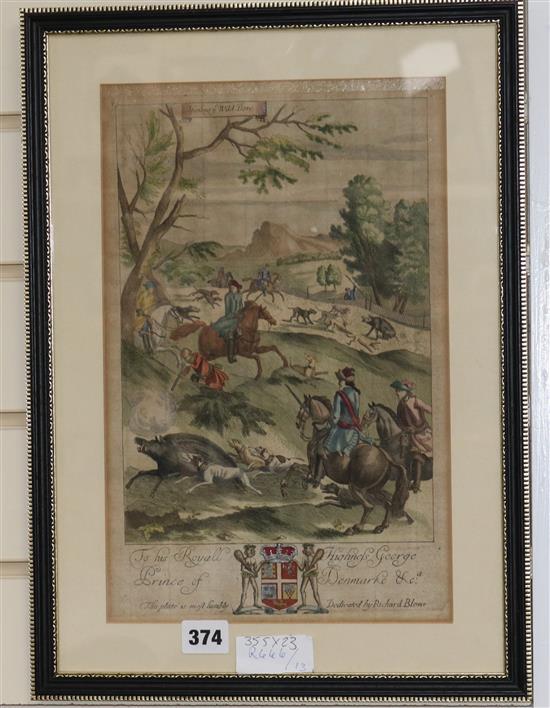 Richard Blome, hand coloured engraving, hunting wild boar, 35 x 23cm